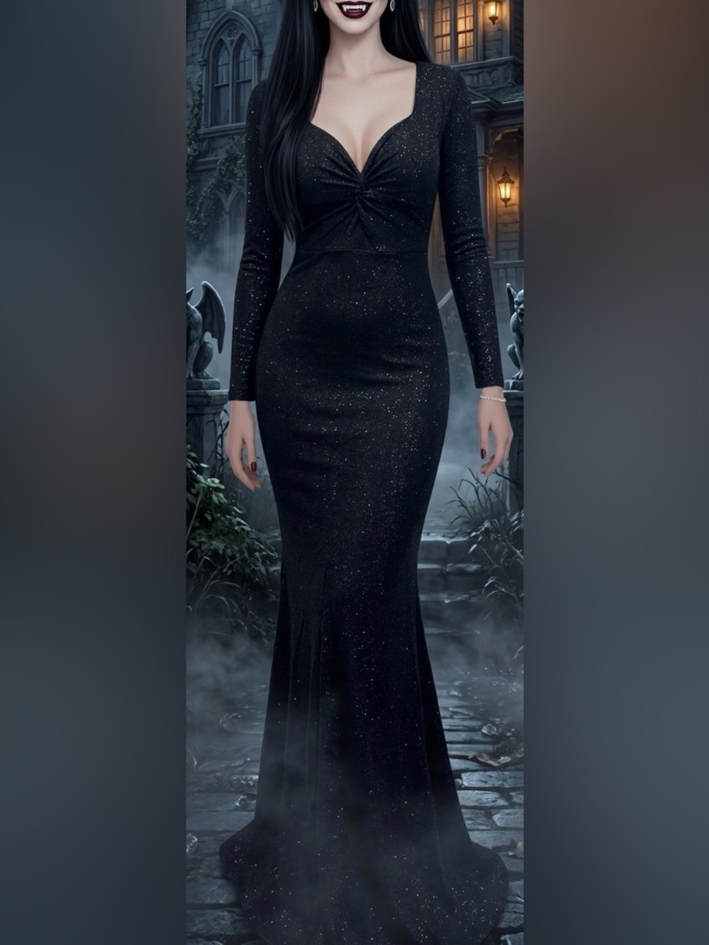 Vampy Black Glitter Long-Sleeve Bodycon Dress Perfect For Halloween Size XL